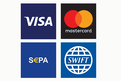 Visa, Mastercard, SEPA, Swift